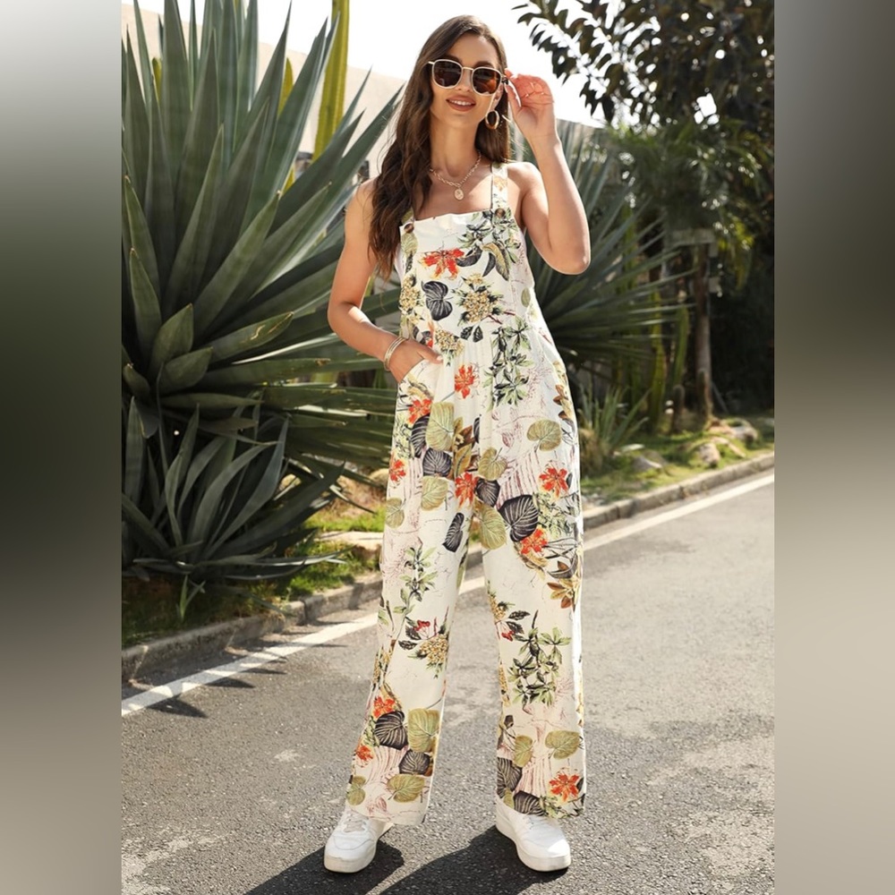 Patchwork Dual Pocket Jumpsuit Loose Floral print Bohemian Wide Leg Bib Overall